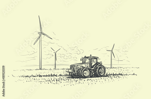 Agricultural landscape hand drawn, tractor and wind turbines illustrated. Vector.
