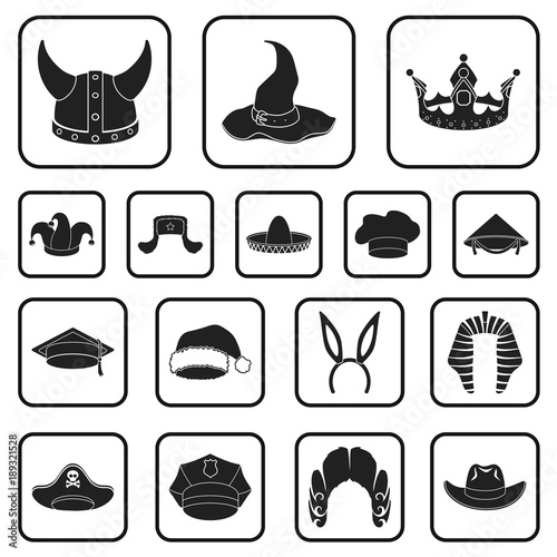 Different kinds of hats black icons in set collection for design.Headdress vector symbol stock web illustration.