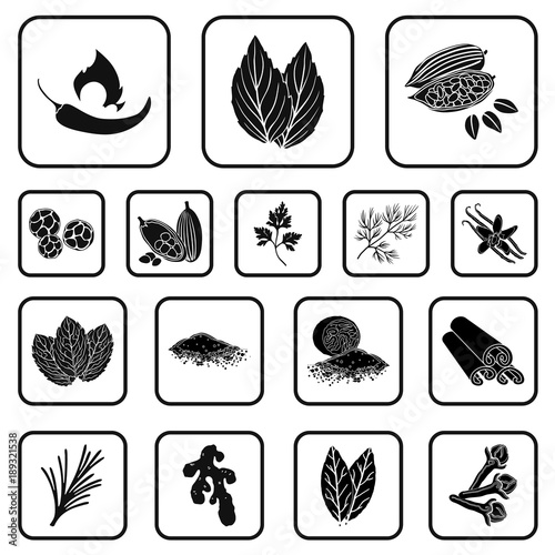 Herb and spices black icons in set collection for design.Different kinds of seasonings vector symbol stock web illustration.