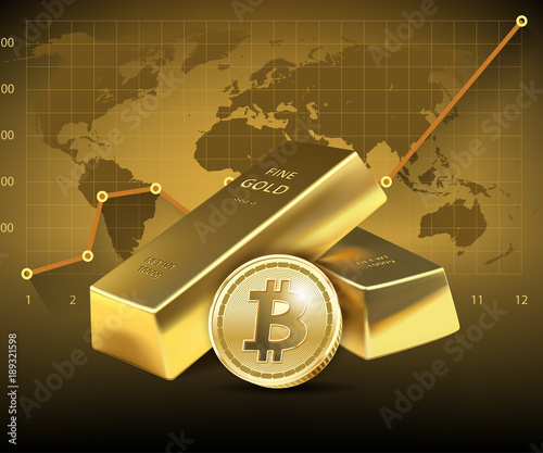 Bitcoin and two Gold bars on dark background. Concept of growth of the cryptocurrency in financial world. Banking business. Vector illustration