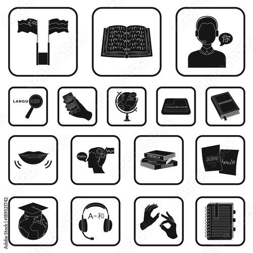 Translator and linguist black icons in set collection for design. Interpreter vector symbol stock web illustration.