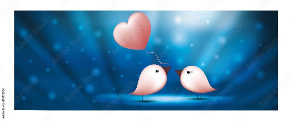 Fototapeta Ptaki transparent www z balonem serca. Walentynki s niebieskie tło