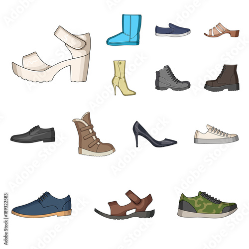 Different shoes cartoon icons in set collection for design. Men's and women's shoes vector symbol stock web illustration.