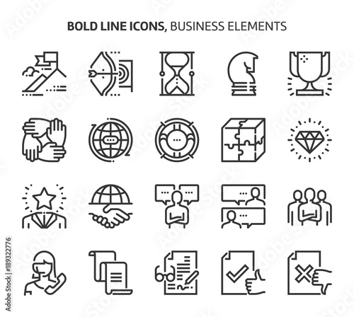 Business elements, bold line icons.