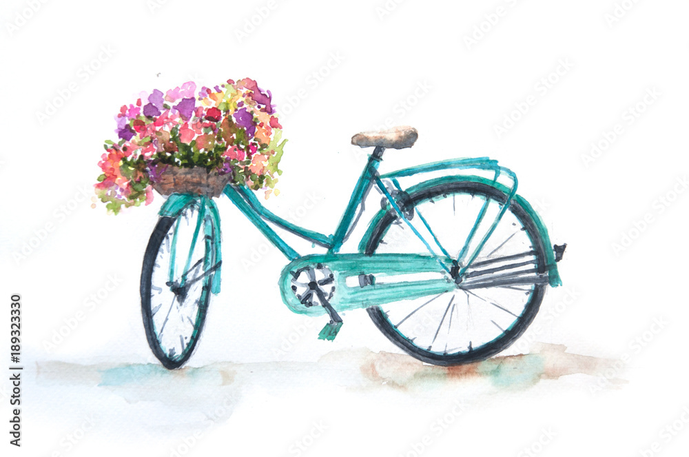 Blue retro bicycle with colorful flowers on white background, watercolor painting on paper
