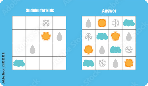 Sudoku game with pictures (sun,cloud,drop,snowflake) for children, easy level, education game for kids, preschool worksheet activity, task for the development of logical thinking, vector illustration