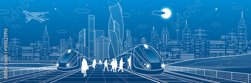Trains ride on railroad. Passengers at station. Transport panorama. Urban infrastructure, modern city on background, industrial architecture. White lines, town scene, vector design art