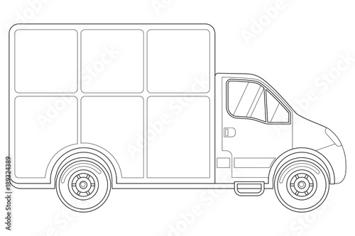 Black and white delivery truck side view.