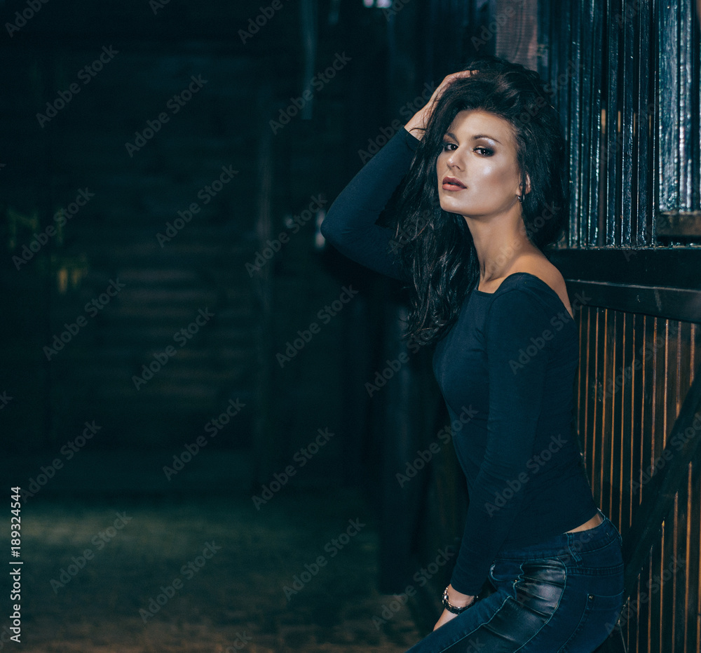 Portrait of an attractive brunette in a stable. Lifestyle Photo. Fashion photo. Portrait of an attractive brunette in a stable. Lifestyle Photo. Fashion photo.