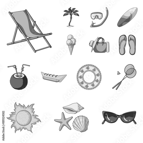 Summer rest monochrome icons in set collection for design. Beach accessory vector symbol stock web illustration.