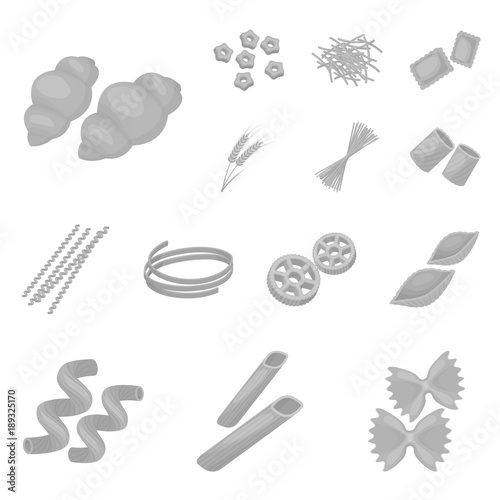 Types of pasta monochrome icons in set collection for design. Figured macaroni for eating vector symbol stock web illustration.