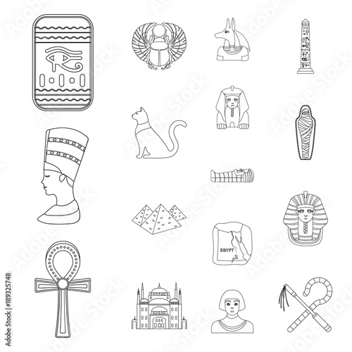 Ancient Egypt outline icons in set collection for design. The reign of Pharaoh vector symbol stock web illustration.