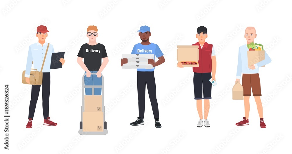 Obraz premium Collection of smiling delivery men. Set of courier boys holding packaged parcels, pizza boxes, paper bags with food. Flat cartoon characters isolated on white background. Colorful vector illustration.