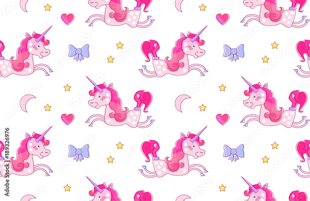 Nursery Baby Seamless Pattern with Fairy Unicorn, Bow, Pink Heart, Crescent Moon and Stars Nursery Baby Seamless Pattern with Fairy Unicorn, Bow, Pink Heart, Crescent Moon and Stars