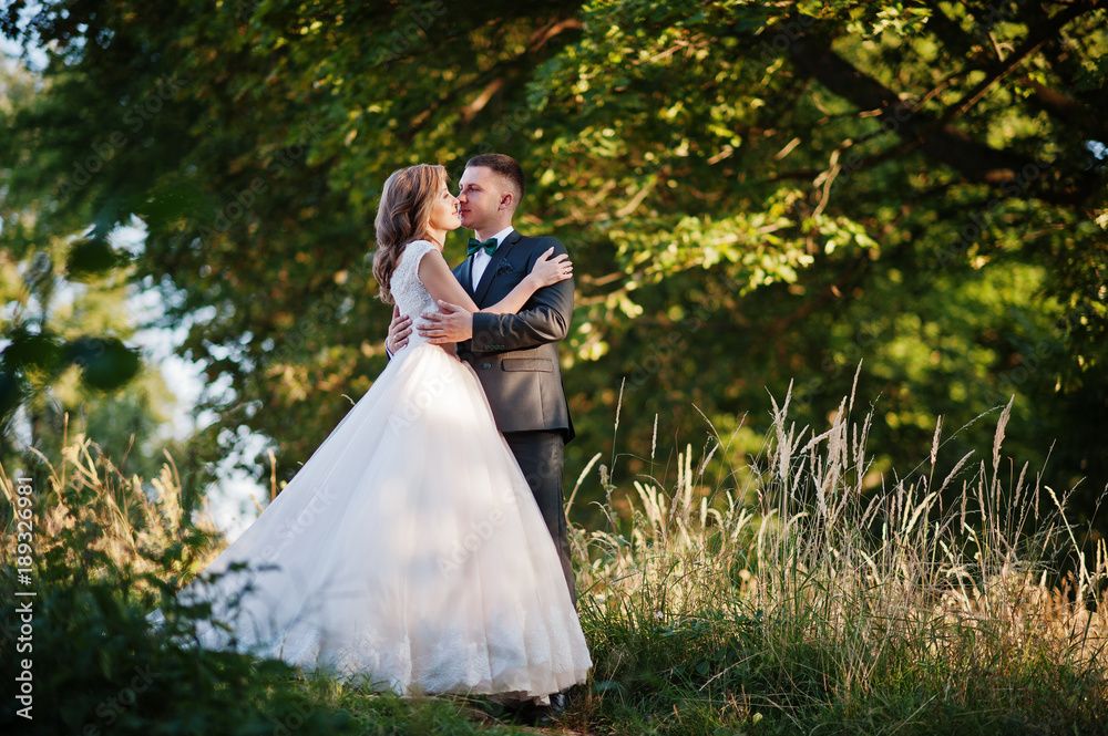 Newly married couple enjoying each other's company in the forest at sunset on their wedding day.