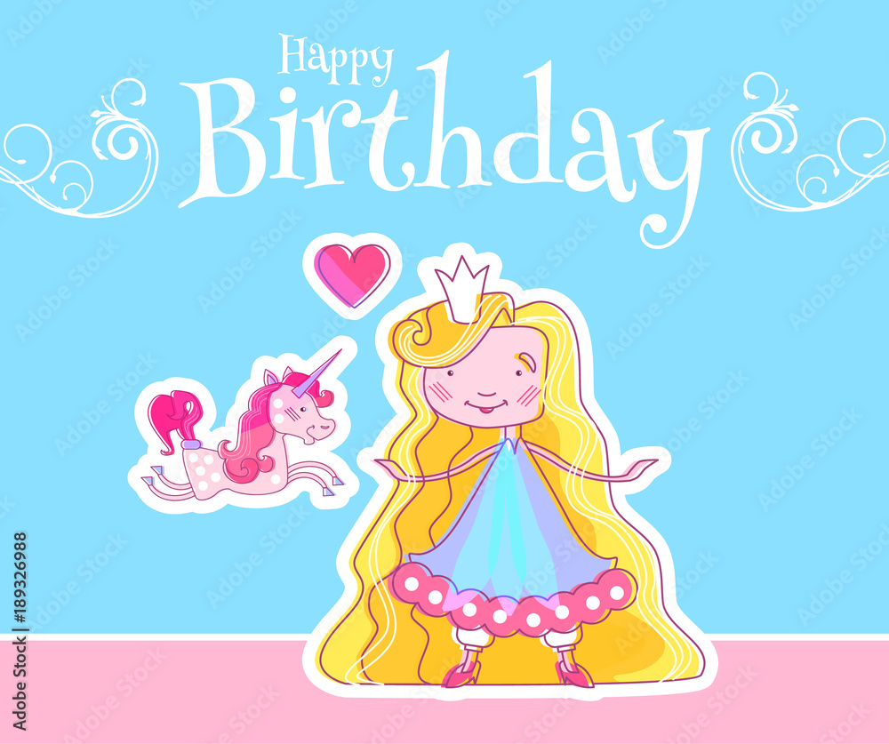 Happy Little Princess Birthday Card Template with Fairy Girl, Magic Unicorn and Pink Heart. Vector illustration Stock Vector | Adobe Stock happy-little-princess-birthday-card-template-with-fairy-girl-magic-unicorn-and-pink-heart-vector-illustration-stock-vector-adobe-stock