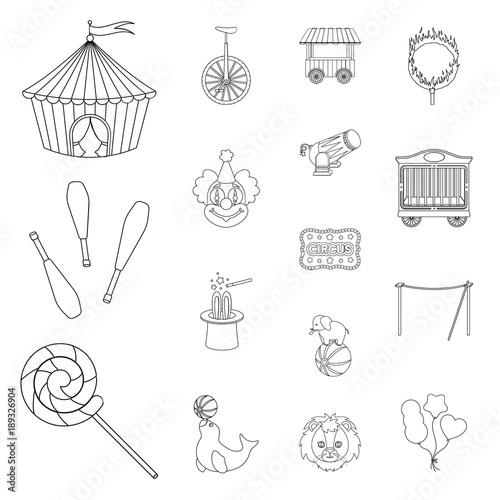 Circus and attributes outline icons in set collection for design. Circus Art vector symbol stock web illustration.