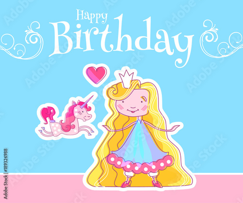 Happy Little Princess Birthday Card Template with Fairy Girl, Magic Unicorn and Pink Heart. Vector illustration