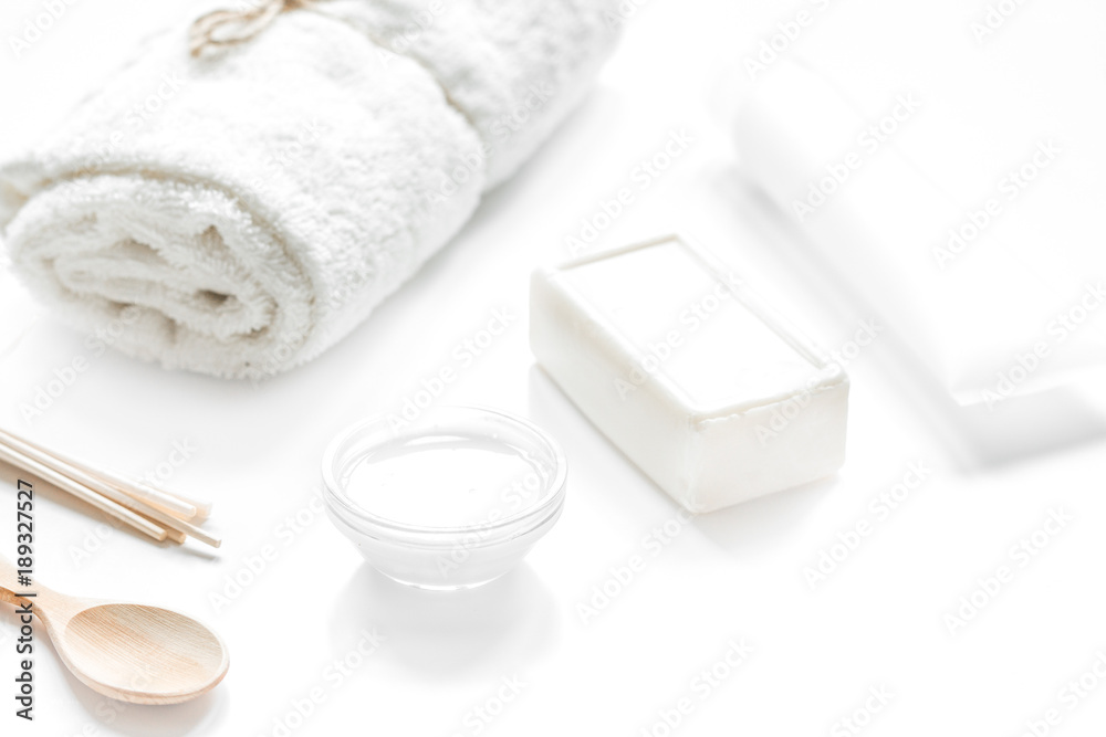 body care concept with white set of cosmetics woman desk top vie body care concept with white set of cosmetics woman desk top vie
