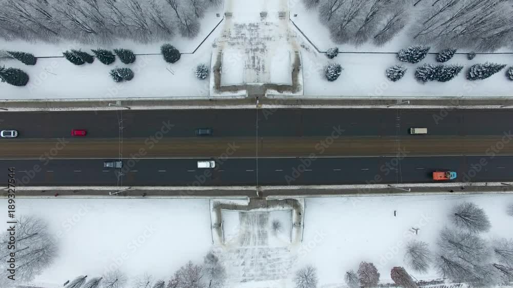 Aerial: Traffic on the bridge of Kaliningrad in winter