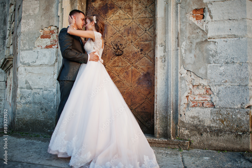 Beautiful wedding couple posing next to the main castle doors. Beautiful wedding couple posing next to the main castle doors.