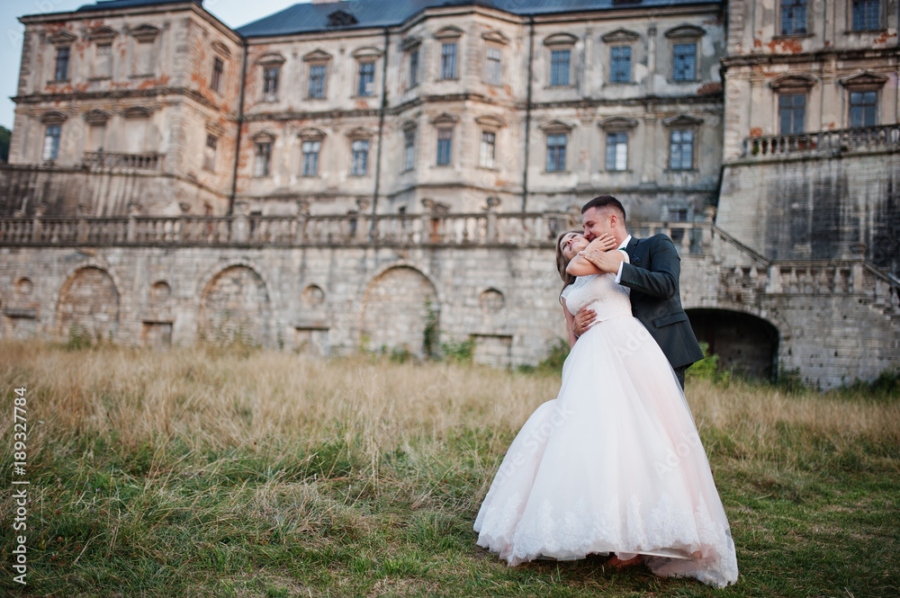 Obraz premium Fabulous wedding couple posing in front of an old medieval castle in the countryside on a sunny day.