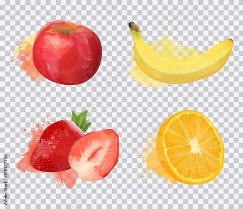 Set of delicious fruit vector illustrations in watercolor style isolated on transparent background