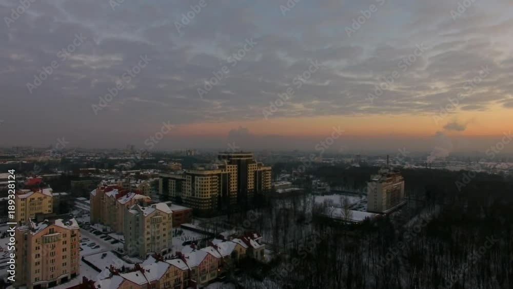 Aerial: Cityscape of Kaliningrad at sunset, winter time Aerial: Cityscape of Kaliningrad at sunset, winter time