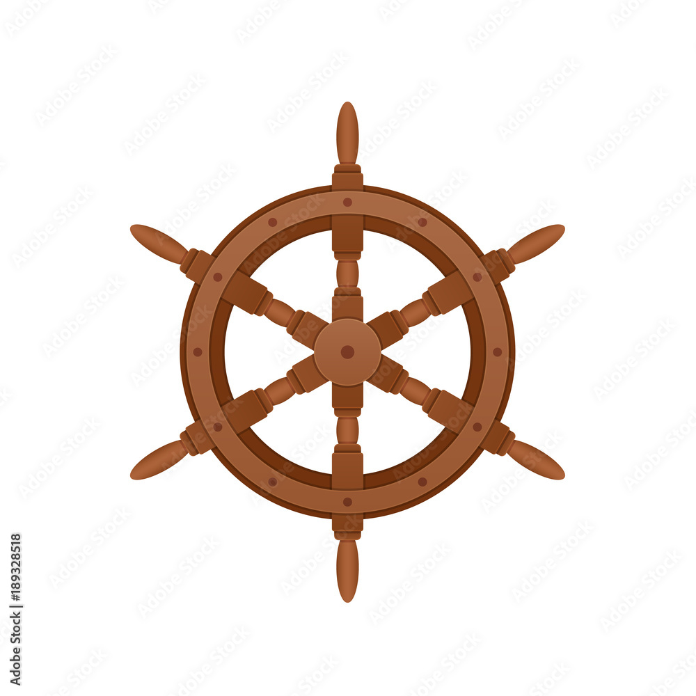 Steering wooden wheel for ship. Sea voyage on water.
