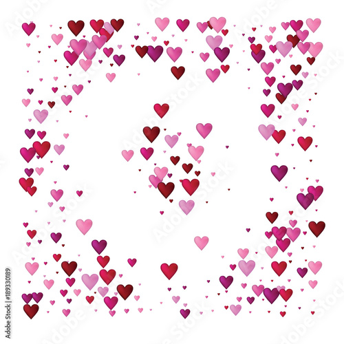 Valentines Day Vector Confetti Border. Falling Down Petals, Showering Pink, Red Hearts. Wide Valentines Day Background, Celebration Hearts Garland Rose Romantic Wedding Frame, Border, Banner Design © graficanto