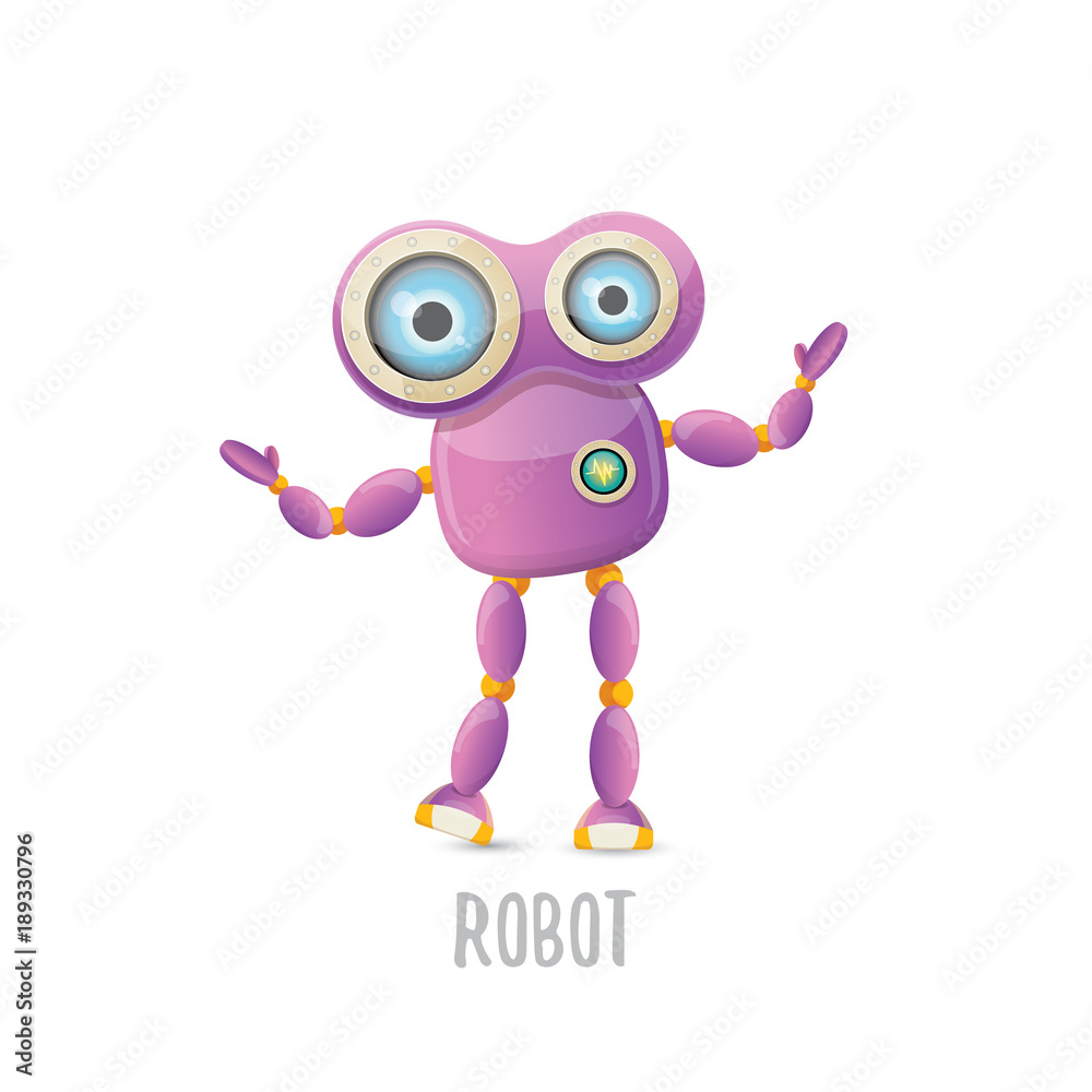 vector funny cartoon purple friendly robot character isolated on white background. Kids 3d robot toy. chat bot icon vector funny cartoon purple friendly robot character isolated on white background. Kids 3d robot toy. chat bot icon