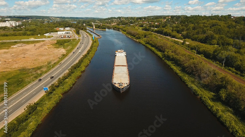 Photo Aerial view:Barge with cargo on the river