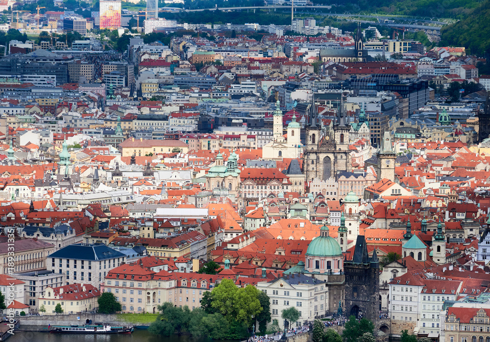 An aerial view of Prague on a sunny day in the Czech Republic.