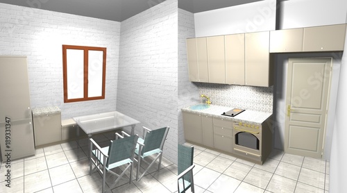 small beige kitchen loft 3D rendering interior design
