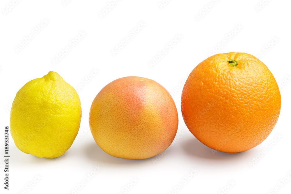 Collection of citrus fruits, orange, lemon and grapefruit, isolated on a white background Collection of citrus fruits, orange, lemon and grapefruit, isolated on a white background