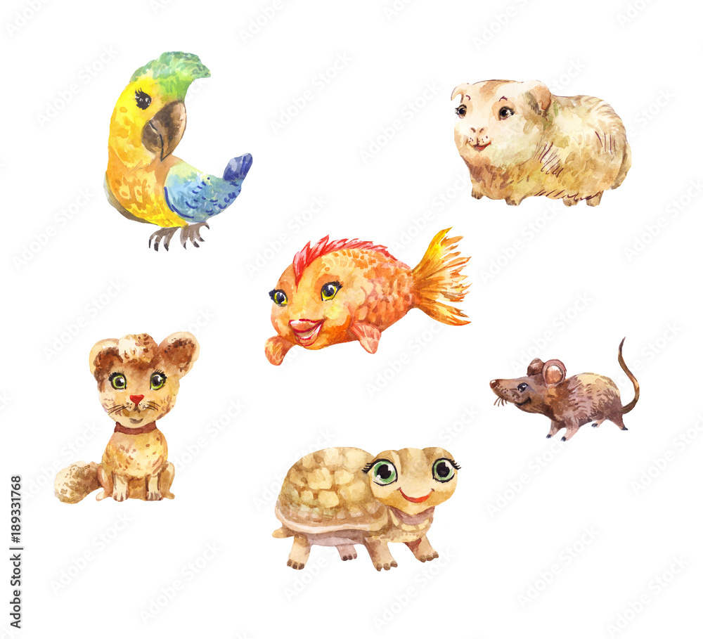 Naklejka premium Watercolor pets, little cute illustrations suitable for children's goods' design