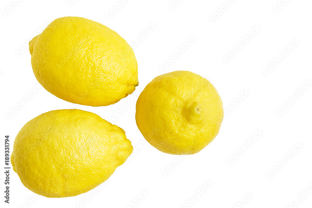 Three yellow ripe lemon fruit, isolated on a white background, top view Three yellow ripe lemon fruit, isolated on a white background, top view