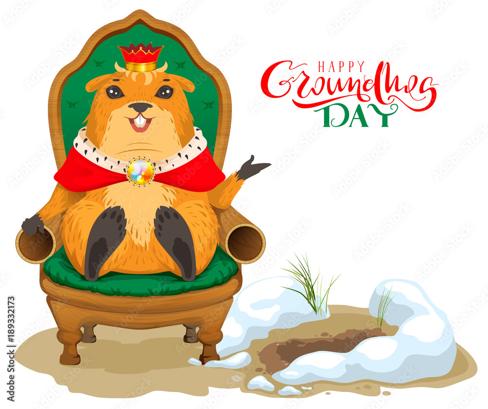 Fototapeta premium Happy groundhog day greeting card. Marmot king sitting on throne chair
