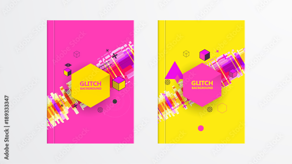 Covers with Abstract Glitch Graphics Design. Colorful backgrounds. Applicable for Banners, Placards, Posters, Flyers. Eps10 vector template.