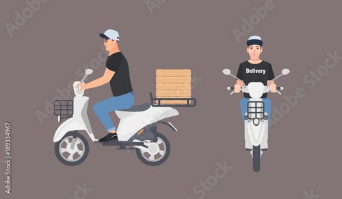 Delivery guy dressed in uniform riding scooter. Courier boy in cap sitting on...