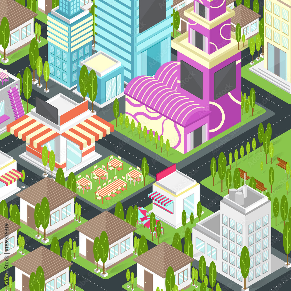 Graphic city building, real estate, house and cityscape architecture in 3D isometric design in cartoon or video game concept, create by vector Graphic city building, real estate, house and cityscape architecture in 3D isometric design in cartoon or video game concept, create by vector