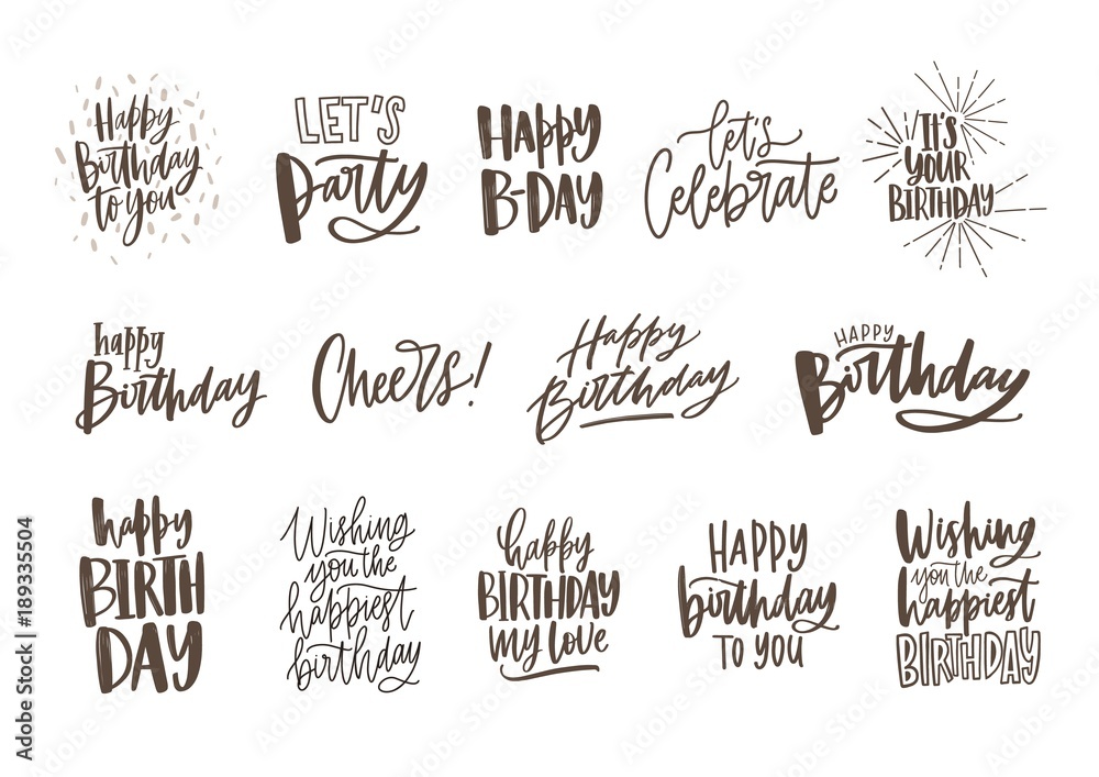 Collection of monochrome birthday wishes or hand drawn lettering decorated with festive elements - party hat, glass of champagne, balloon, confetti. Vector illustration for greeting card, invitation. - obrazy, fototapety, plakaty 