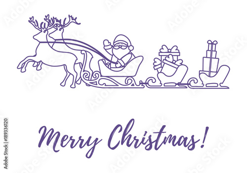 Santa Claus with Christmas presents in sleighs with reindeers. New Year and Christmas illustration.