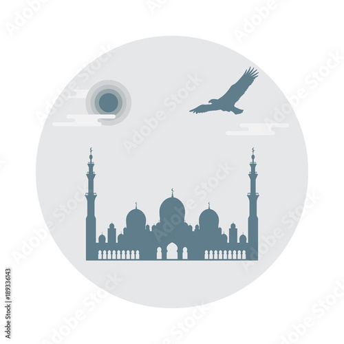 United Arab Emirates symbols. Sheikh Zayed Mosque silhouette and soaring falcon. Abu dhabi.