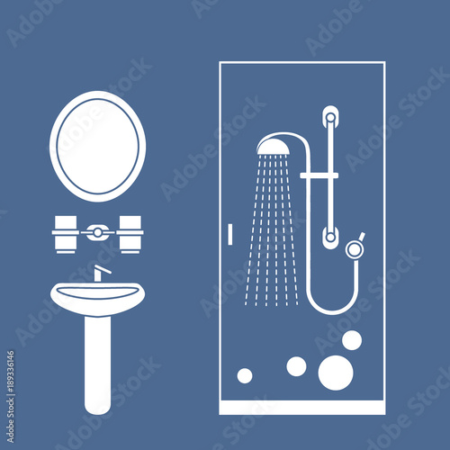 Cute vector illustration of bathroom interior design: shower cabin, washbasin, mirror and other.