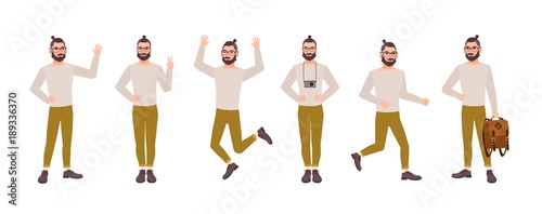 Cheerful man with stylish hairstyle and beard in various postures. Hipster guy dressed in trendy clothes in different poses. Male cartoon character isolated on white background. Vector illustration.