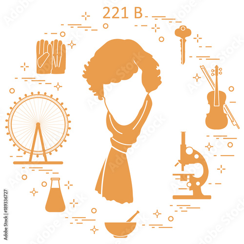 Private detective Sherlock Holmes with variety tools and equipment. The hero of the popular TV series.