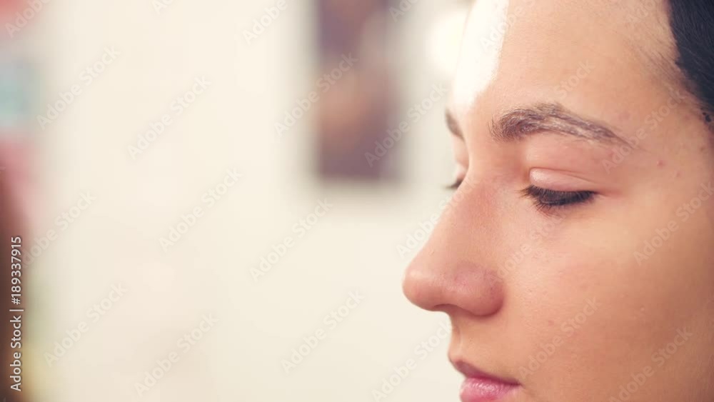 Close up. Face art. Makeup artist drawing on the model's face with white color foudation. Close up. Face art. Makeup artist drawing on the model's face with white color foudation.