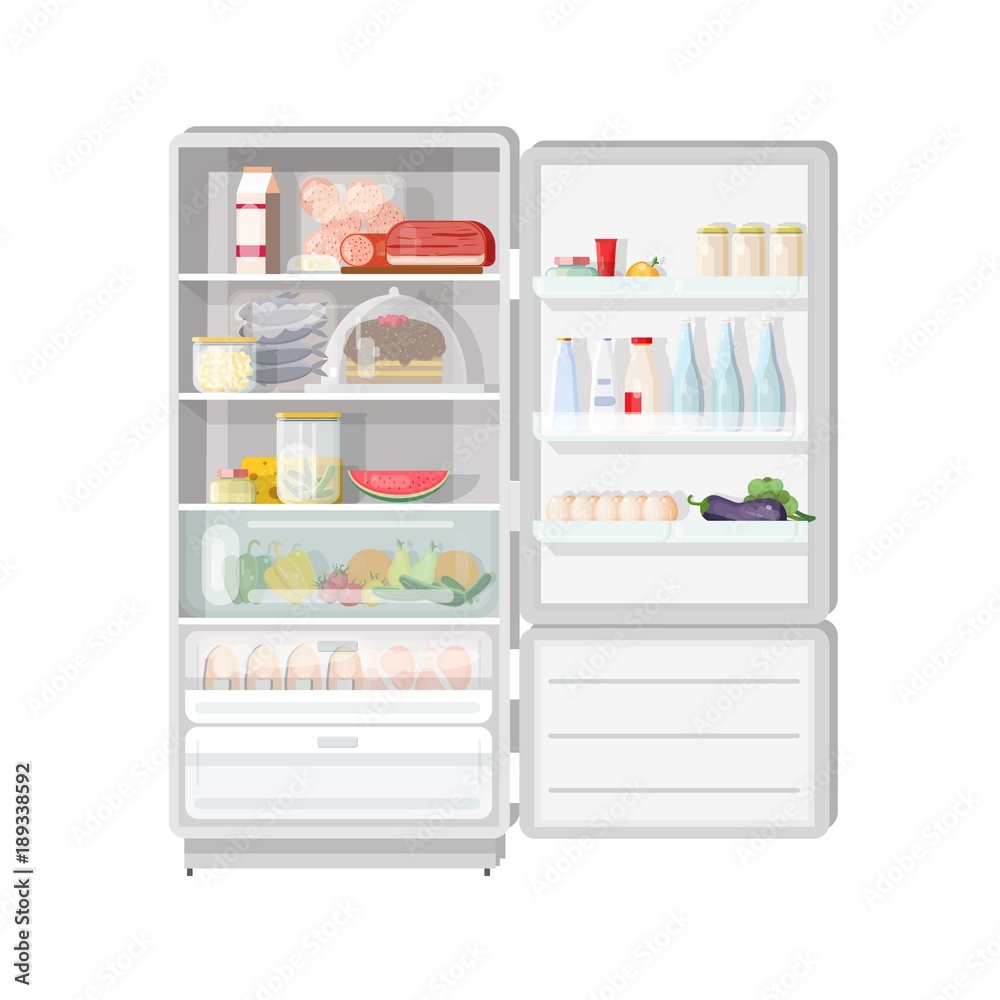 Modern opened refrigerator full of various food - fruits and vegetables,  meat and dairy products, desserts, daily meals. Content of fridge with  freezer. Colorful vector illustration in flat style. vector de Stock