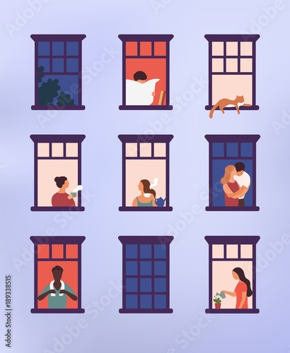 Windows with neighbors doing daily things in their apartments - drinking tea, talking, watering potted plant, hugging or cuddling, reading newspaper. Colorful vector illustration in modern flat style.